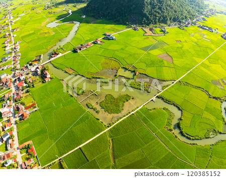 Amazing landscape nature view Rice fields and mountains in Bac Son valley, Lang Son,Northern Vietnam, Seen from above, High angle view Amazing landscape nature view Rice fields and mountains in Bac Son valley, Lang Son,Northern Vietnam, Seen from above, High angle view 120385152
