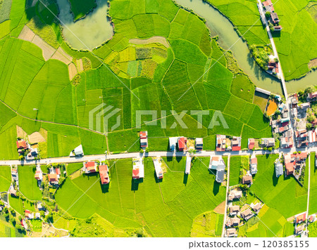 Amazing landscape nature view Rice fields and mountains in Bac Son valley, Lang Son,Northern Vietnam, Seen from above, High angle view Amazing landscape nature view Rice fields and mountains in Bac Son valley, Lang Son,Northern Vietnam, Seen from above, High angle view 120385155