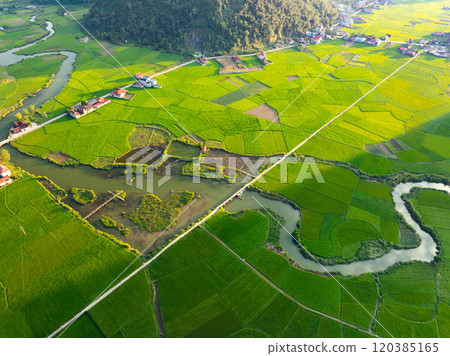 Amazing landscape nature view Rice fields and mountains in Bac Son valley, Lang Son,Northern Vietnam, Seen from above, High angle view 120385165