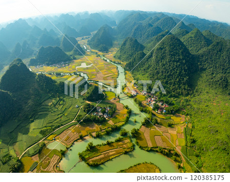 Aerial wide angle view of landscape with rice field at Phong Nam village in Trung Khanh, Cao Bang province,Northern Vietnam Aerial wide angle view of landscape with rice field at Phong Nam village in Trung Khanh, Cao Bang province,Northern Vietnam 120385175