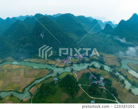 Aerial wide angle view of landscape with rice field at Phong Nam village in Trung Khanh, Cao Bang province,Northern Vietnam 120385201