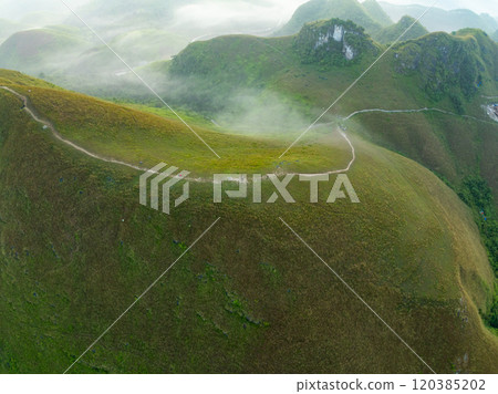 Drone aerial view of landscape mountains view in sunrise or sunset time,High angle view over countryside at northern Vietnam 120385202