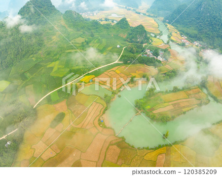 Aerial wide angle view of landscape with rice field at Phong Nam village in Trung Khanh, Cao Bang province,Northern Vietnam 120385209