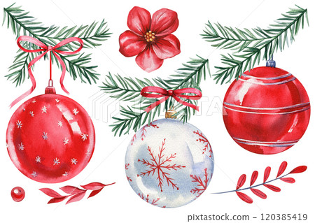 Christmas elements set, Red christmas balls with pine branch, flower holiday decoration. Watercolor winter illustration 120385419