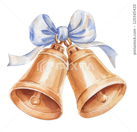 Festive bells, hand-painted Christmas bells with blue bow isolated on white background watercolor Illustration, clipart 120385420