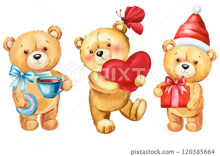 Sweet Watercolor teddy bear with red heart, gift and blue cup, hand-painted love illustration isolated white background 120385664