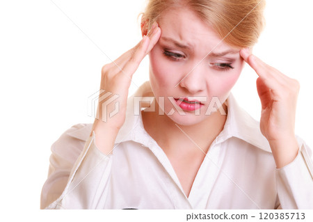 Headache. Woman suffering from head pain isolated. Headache. Woman suffering from head pain isolated. 120385713
