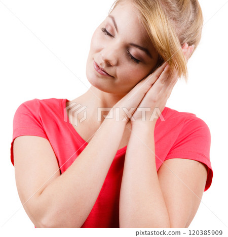 Woman sleepy tired girl almost falling asleep Woman sleepy tired girl almost falling asleep 120385909