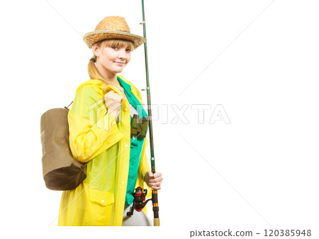 Woman with fishing rod, spinning equipment Woman with fishing rod, spinning equipment 120385948