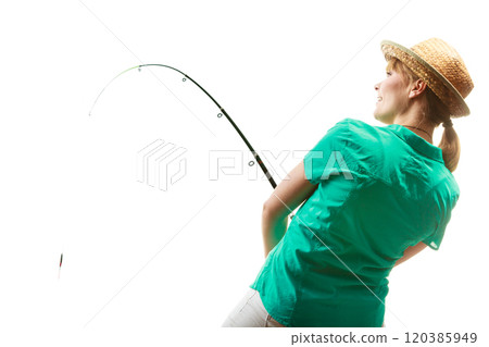 Woman with fishing rod, spinning equipment Woman with fishing rod, spinning equipment 120385949
