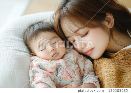 母親和嬰兒午睡的育兒，育兒圖像 120385985