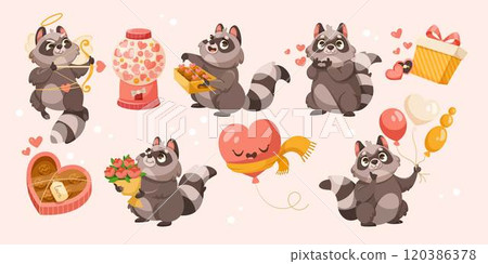 Raccoon Animal and Love Valentine Holiday Gift Vector Set Raccoon Animal and Love Valentine Holiday Gift Vector Set 120386378