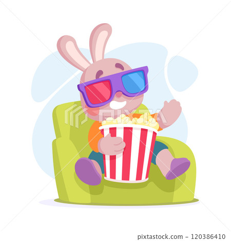 Cute Rabbit Animal Character Watching Movie with Popcorn Vector Illustration 120386410