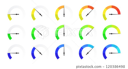 set of gauge meter icons. speedometer, tachymeter, percentage, scale dial gauges. Vector illustration 120386498