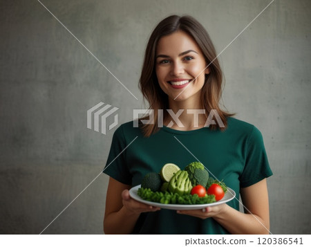 Woman with a plate of healthy and wholesome food. Healthy eating lifestyle concept 120386541