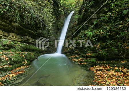 Footage of waterfall, lake and rock formations among autumn colors. Footage of waterfall, lake and rock formations among autumn colors. 120386580