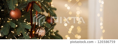 Banner christmas tree with golden decoration close-up with copy space 120386759
