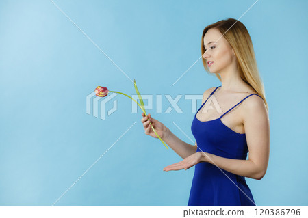 Shot on blue of woman holding tulip 120386796