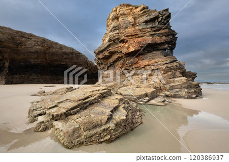 Rock formations on Beach of the Cathedrals, Spain Rock formations on Beach of the Cathedrals, Spain 120386937