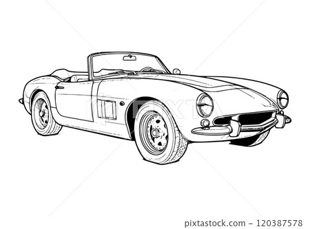 Abstract retro sports car in black and white ink drawing style, adult coloring book 120387578