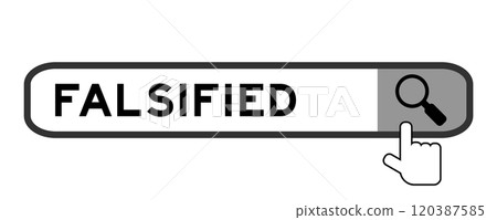 Search banner in word falsified with hand over magnifier icon on white background 120387585