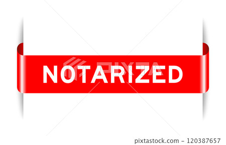 Red color inserted label banner with word notarized on white background 120387657