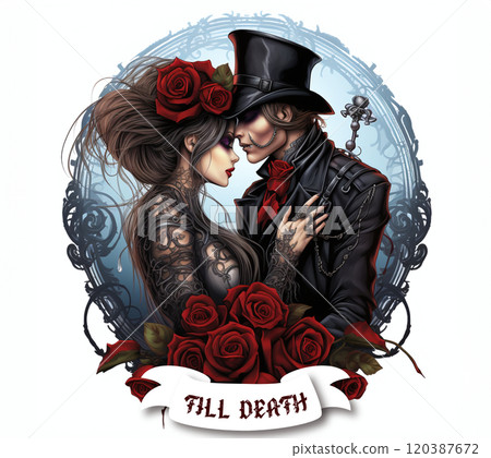 Gothic couple in love with red roses, love quote Till death. Print for Valentine's Day, Halloween decor, Gothic wedding decor. Gothic couple in love with red roses, love quote Till death. Print for Valentine's Day, Halloween decor, Gothic wedding decor. 120387672