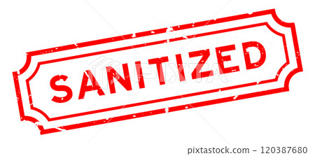 Grunge red sanitized word rubber seal stamp on white background 120387680