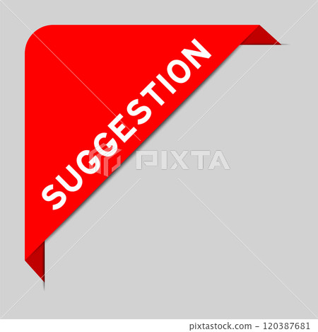 Red color of corner label banner with word suggestion on gray background 120387681