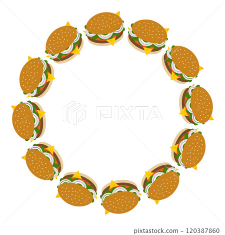 Hamburger with chees, cutlet, salad, slice tomato and onion rings Round Frame border Hamburger Day Hamburger with chees, cutlet, salad, slice tomato and onion rings Round Frame border Hamburger Day 120387860