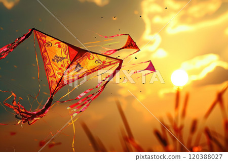 Beautiful greeting card with colorful kites soaring high above vibrant sky to holiday composition 120388027