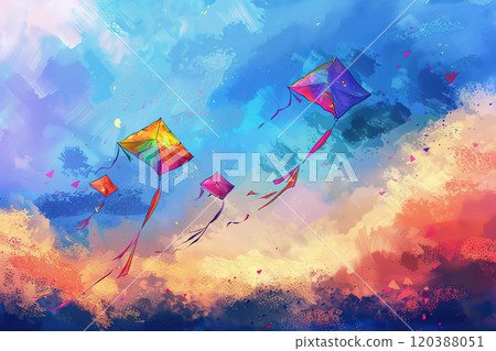 Beautiful greeting card with colorful kites soaring high above vibrant sky to holiday composition Beautiful greeting card with colorful kites soaring high above vibrant sky to holiday composition 120388051