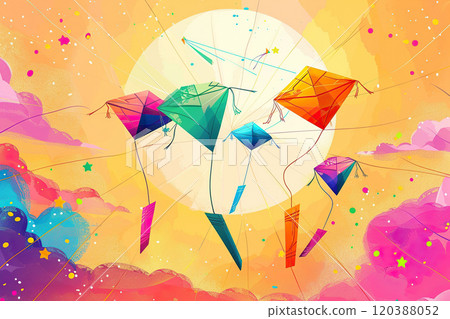 Beautiful greeting card with colorful kites soaring high above vibrant sky to holiday composition Beautiful greeting card with colorful kites soaring high above vibrant sky to holiday composition 120388052