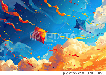 Beautiful greeting card with colorful kites soaring high above vibrant sky to holiday composition 120388053