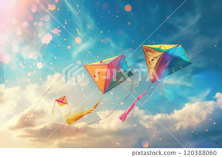 Beautiful greeting card with colorful kites soaring high above vibrant sky to holiday composition 120388060