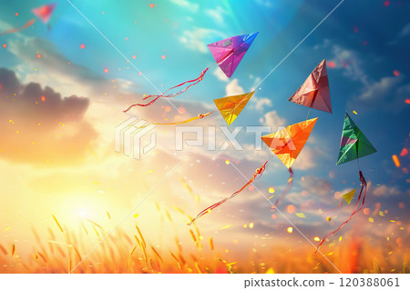 Beautiful greeting card with colorful kites soaring high above vibrant sky to holiday composition 120388061