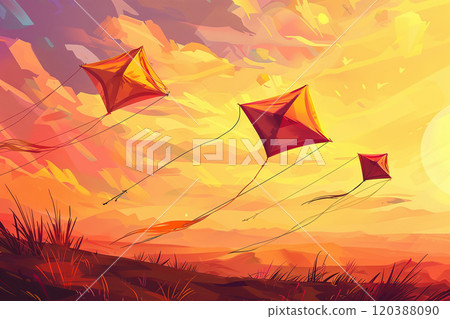 Beautiful greeting card with colorful kites soaring high above vibrant sky to holiday composition 120388090