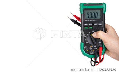 Hand Holding Digital Multimeter with Probes 120388589