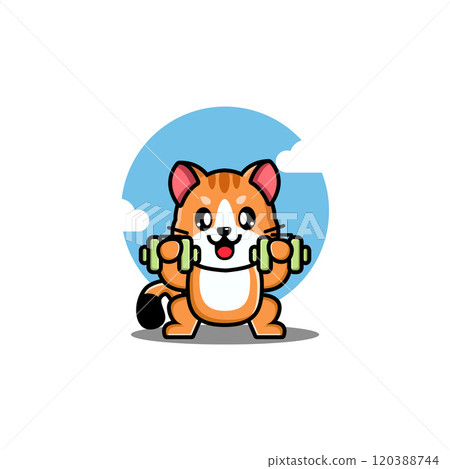 A cute cartoon cat lifting dumbbells with a blue sky and clouds background 120388744