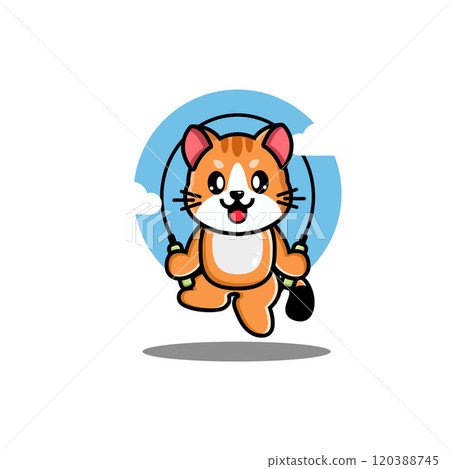 A cute orange cat skipping rope with a blue sky and clouds background 120388745