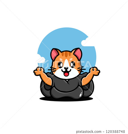 A cute cartoon cat in a black robe with arms raised, set against a blue sky with white clouds. 120388748