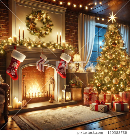 A warm Christmas living room | A warm scene with a fireplace and a tree 120388786