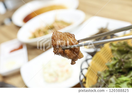 Korean bbq food. Marinated pork ribs 120388825