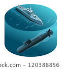 Sea hunting. Submarine and anti-submarine ship are hunting each other. Vector illustration on isolated background 120388856
