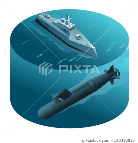 Sea hunting. Submarine and anti-submarine ship are hunting each other. Vector illustration on isolated background Sea hunting. Submarine and anti-submarine ship are hunting each other. Vector illustration on isolated background 120388856