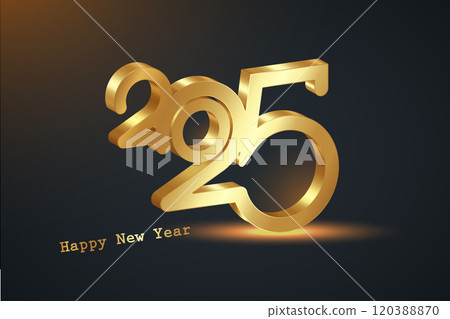 2025 New Year 3D gold logo design. Holiday greeting card. Vector illustration. Holiday design for greeting card, invitation, calendar, party, golden holiday label isolated on black background  120388870