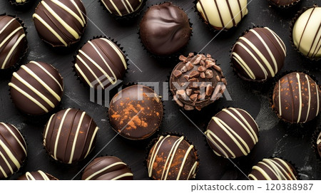 Background filled with various gourmet chocolates in different flavors, including milk and dark chocolate, top view, confectionary or sweet shop poster 120388987