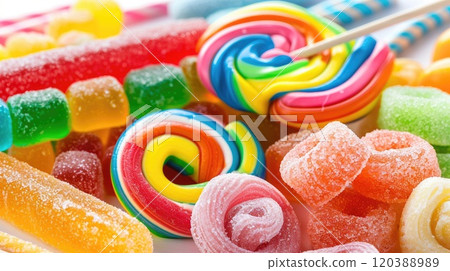 Background filled with different sweets in bright colors, side view. Party table or sweet shop background. Background filled with different sweets in bright colors, side view. Party table or sweet shop background. 120388989