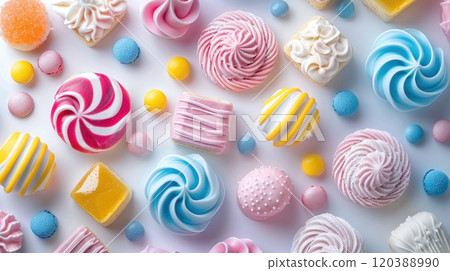 Background filled with different sweets in pastel colors, top view. Party table or sweet shop background. 120388990