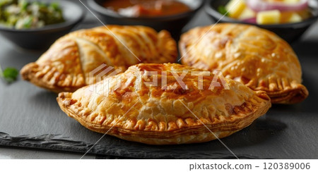 English Cornish Pasty, a traditional hand-held pastry filled with tender beef, potatoes, onions, and swede, baked until golden and flaky, served on a grey slate background 120389006